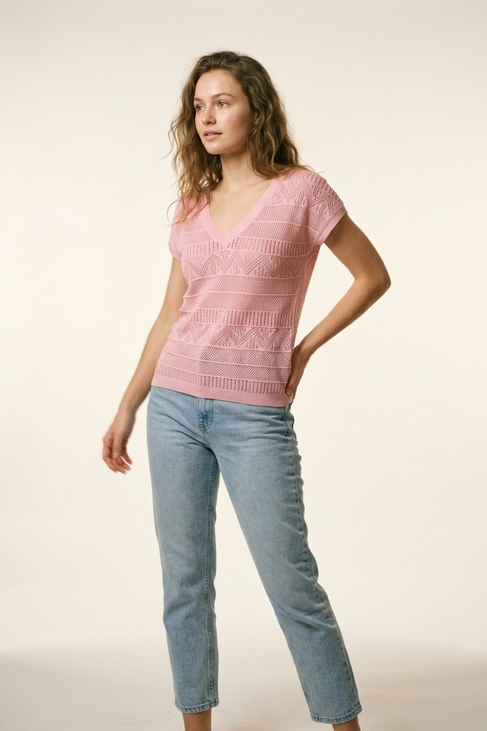 Pink V-Neck Knit Top with Patterned Texture
