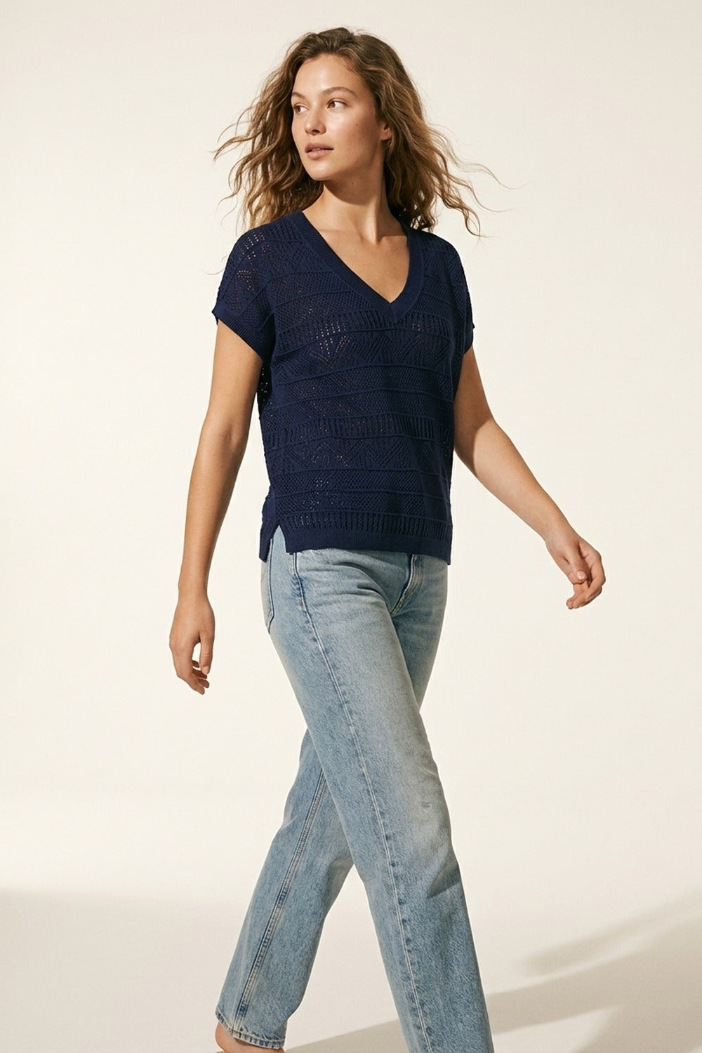 Navy V-Neck Knit Top with Lightweight Texture