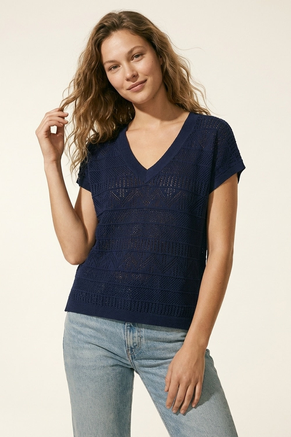 Navy V-Neck Knit Top with Lightweight Texture