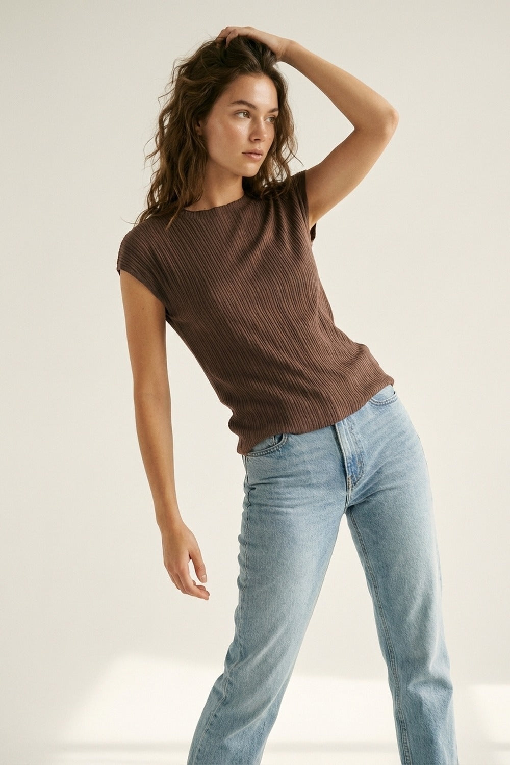 Brown Ribbed Knit Cap Sleeve Top - Jumpers