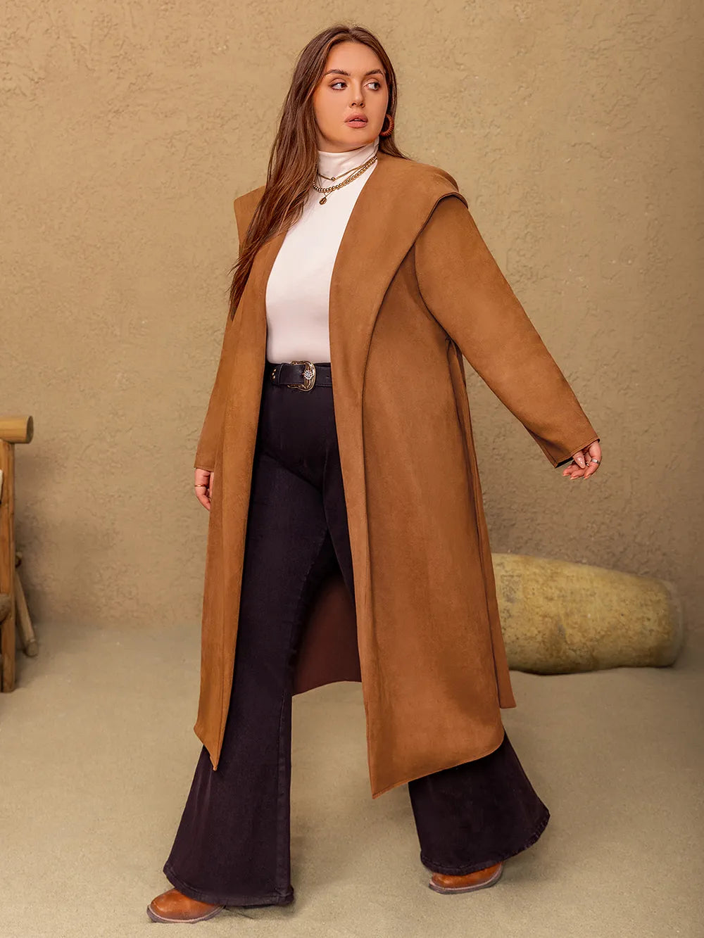 Plus Size Tied Long Sleeve Hooded Coat with Pockets -