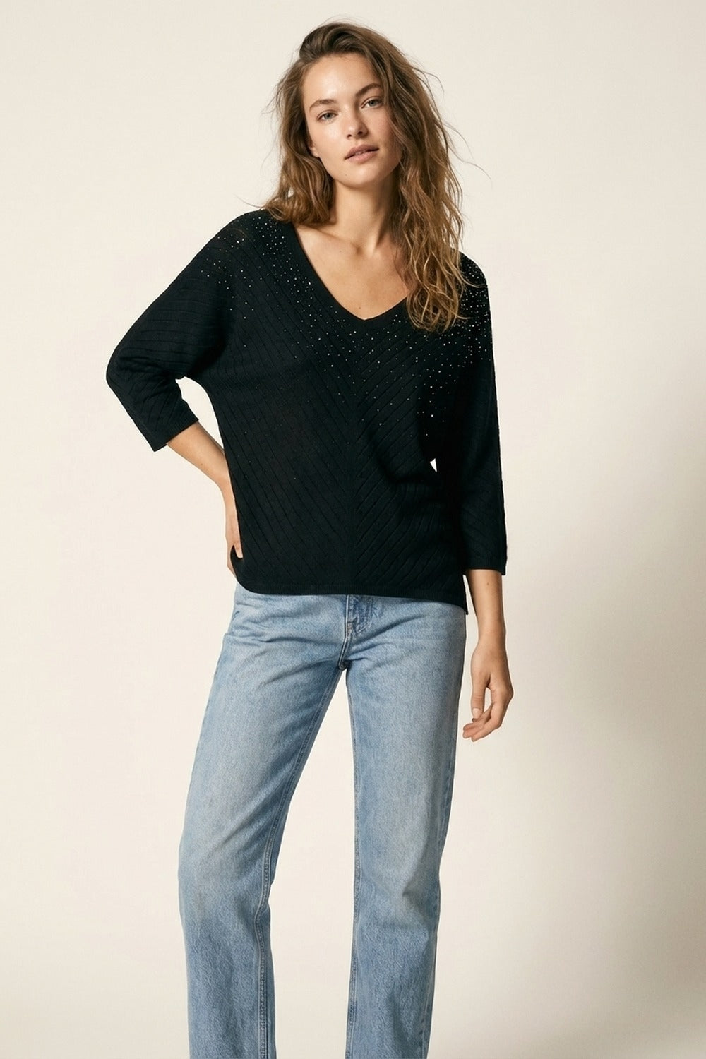 Black Embellished V-Neck Knit Top with Flared Silhouette