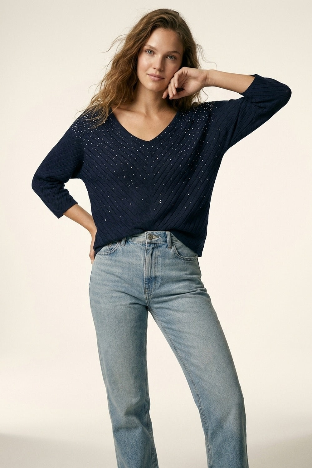 Navy V-Neck Embellished Knit Sweater Top