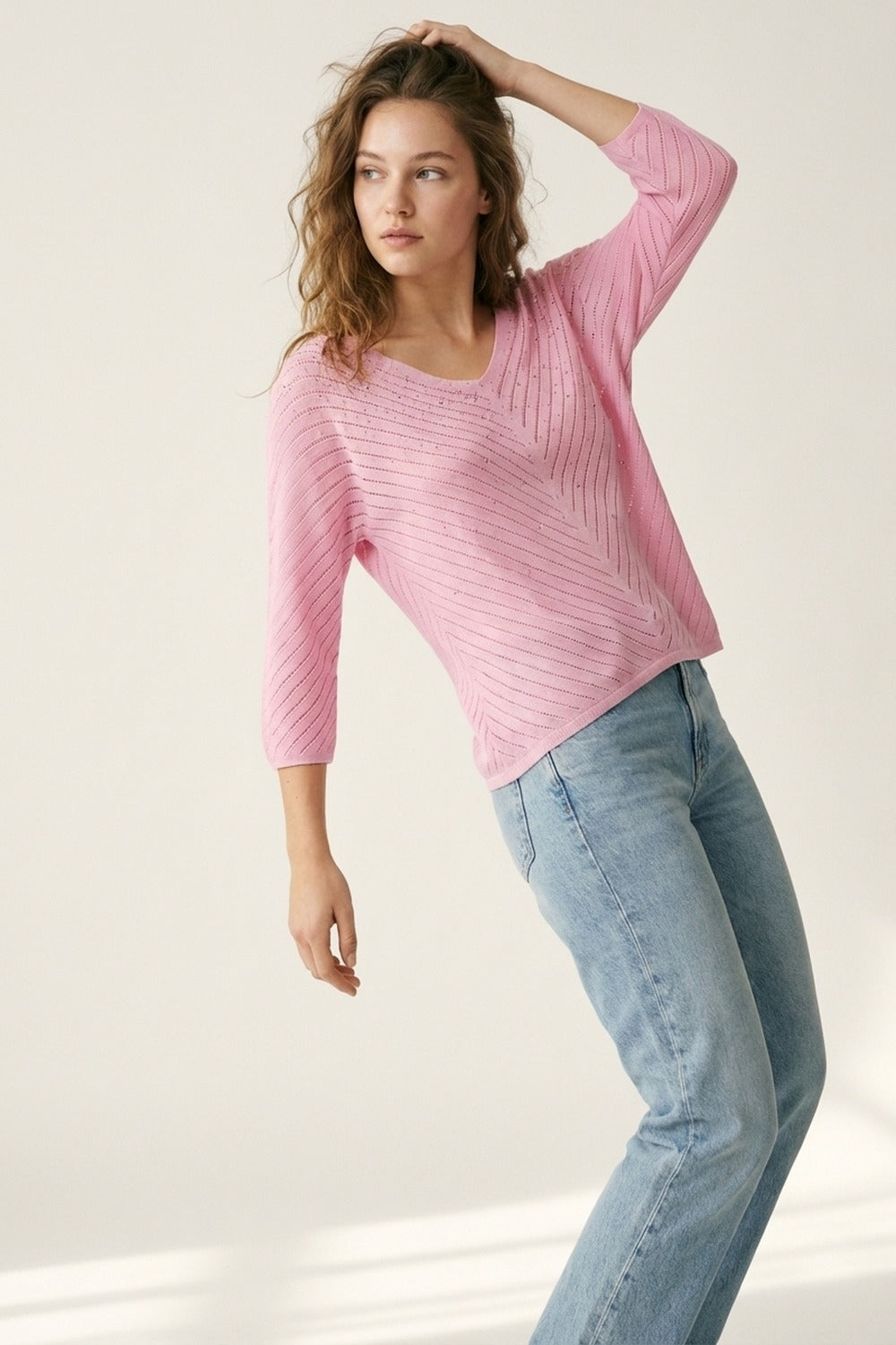 Pink V-Neck Lightweight Knit Sweater with Bead Detail