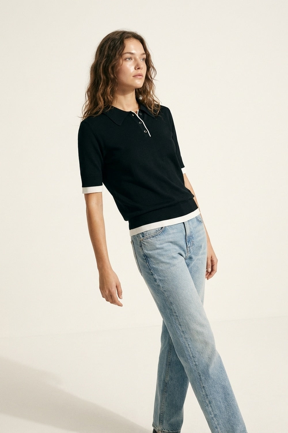 Black Short Sleeve Polo with White Trim Details