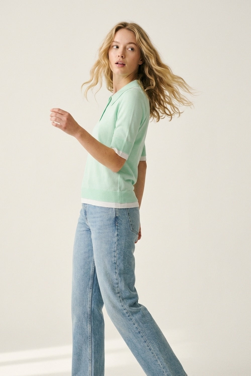 Mint Green Polo Knit Short Sleeve Sweater - Polos