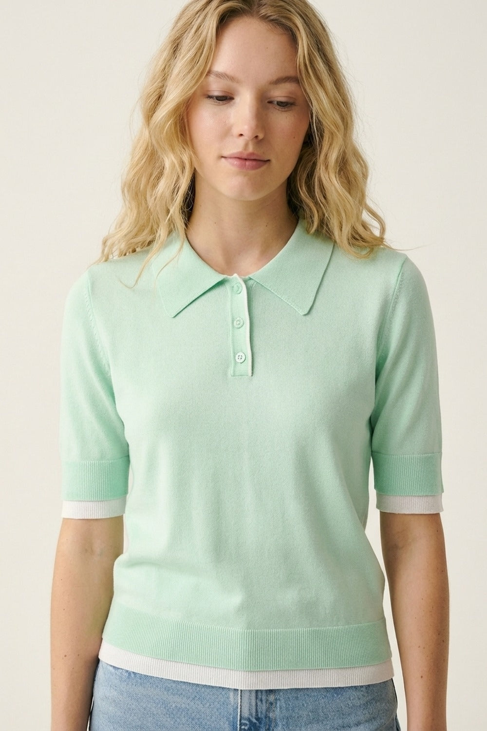Mint Green Polo Knit Short Sleeve Sweater - Polos