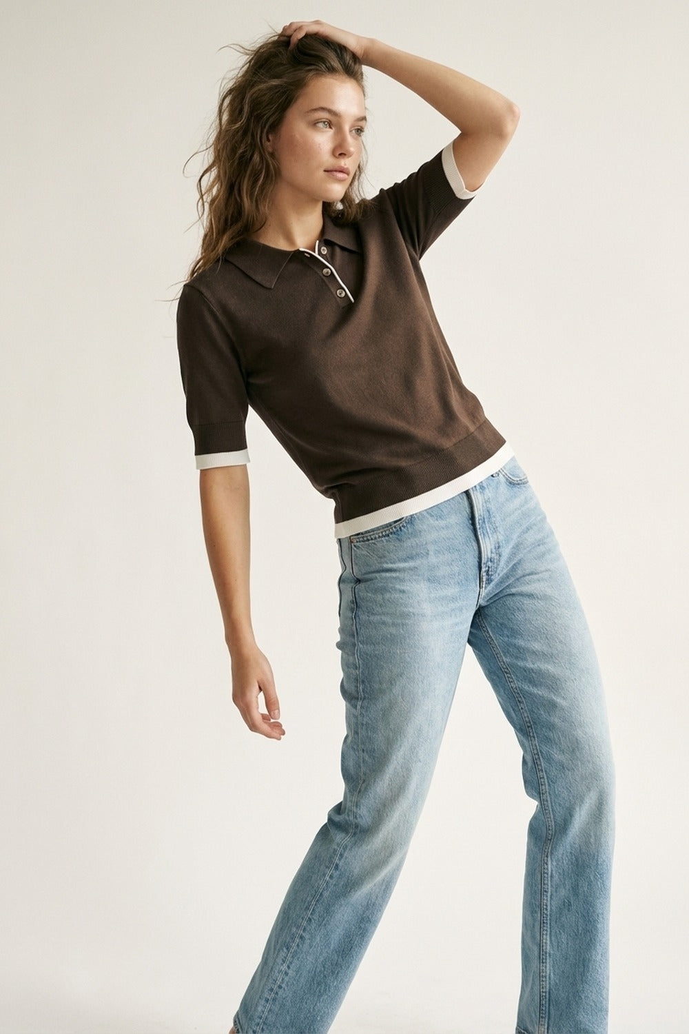 Brown Short Sleeve Polo Sweater with Contrast Trim