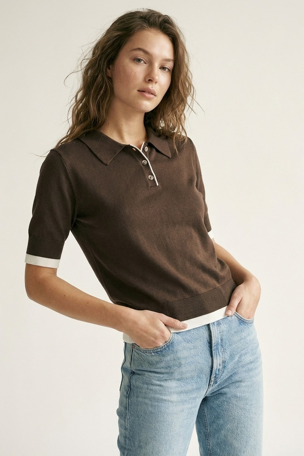 Brown Short Sleeve Polo Sweater with Contrast Trim
