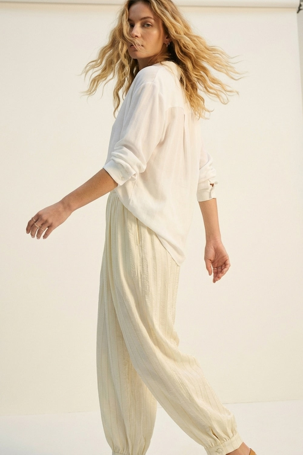 Cream Textured High-Waist Balloon Pants with Buttoned Cuffs - trousers