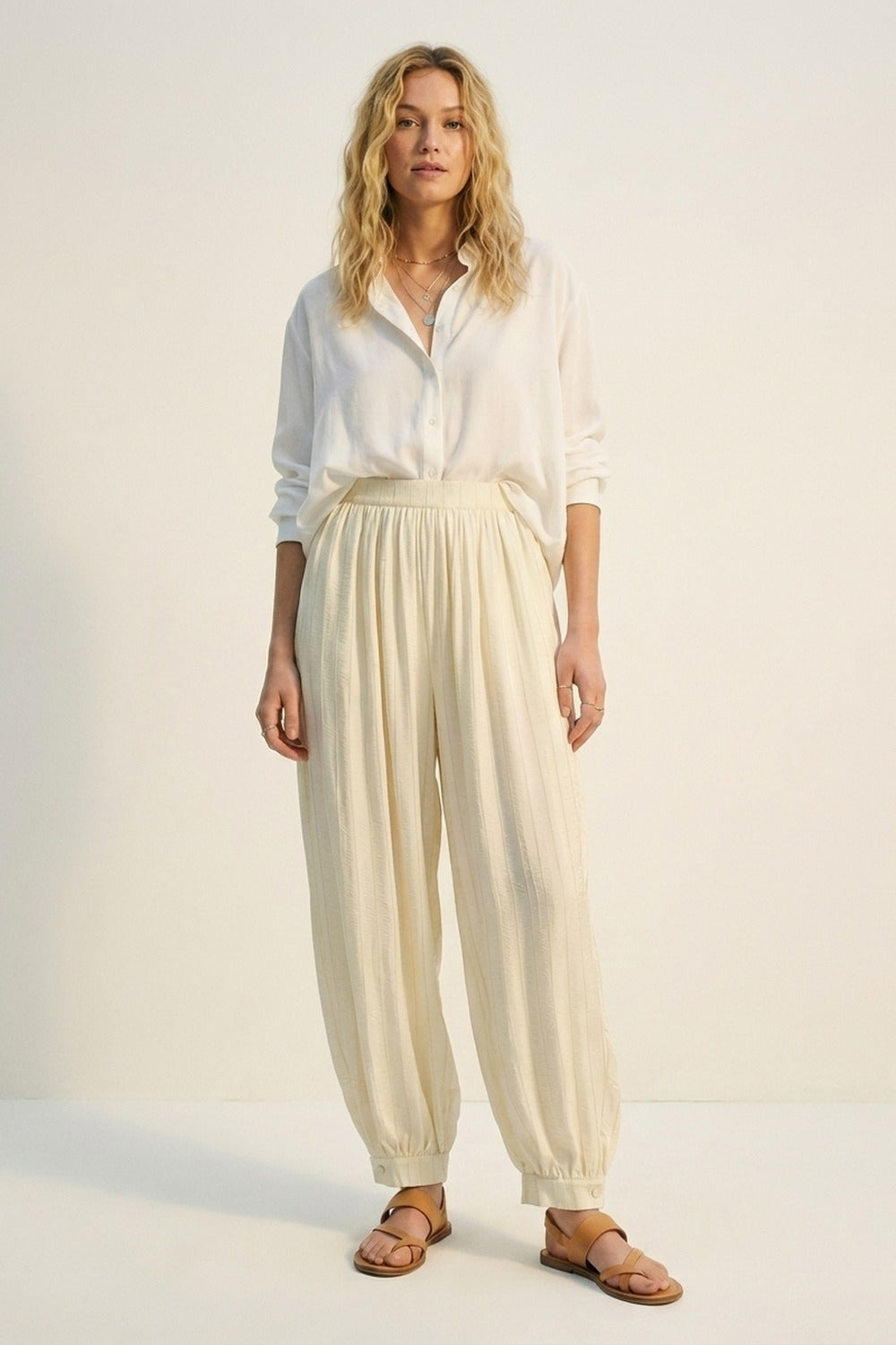 Cream Textured High-Waist Balloon Pants with Buttoned Cuffs - trousers