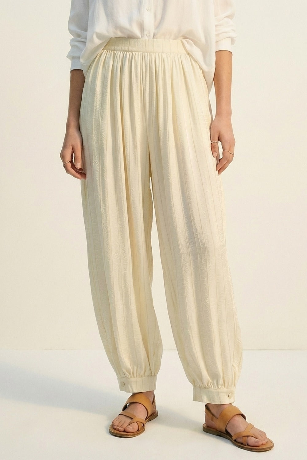 Cream Textured High-Waist Balloon Pants with Buttoned Cuffs - trousers