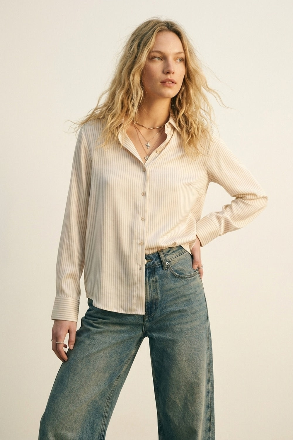 soft fabric Beige Striped Satin Shirt - Shirts