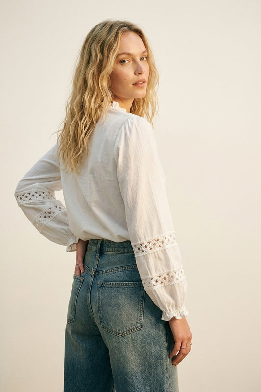 Lace chrochet Detail Button-Front Blouse in white - Shirts
