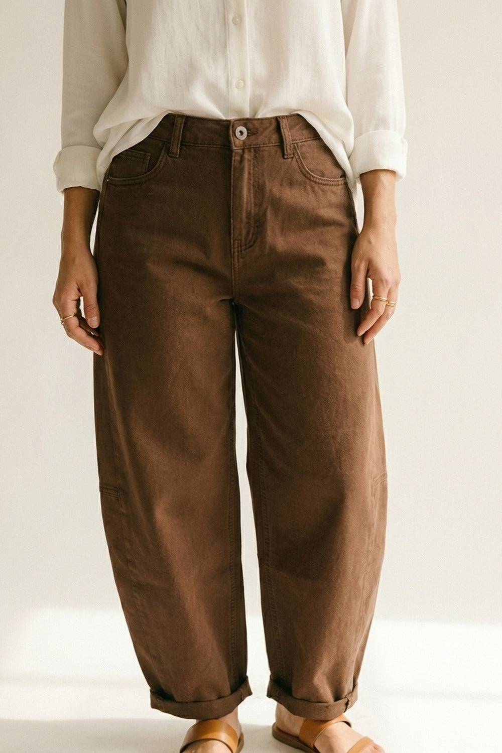 Brown Wide-Leg Cotton Twill Pants with Pockets in Barrel Style - Coloured Jeans