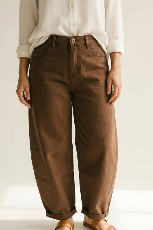 Brown Wide-Leg Cotton Twill Pants with Pockets in Barrel Style - Coloured Jeans
