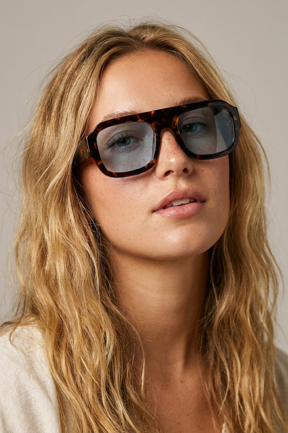 Tortoise Frame Blue Lens Square Sunglasses