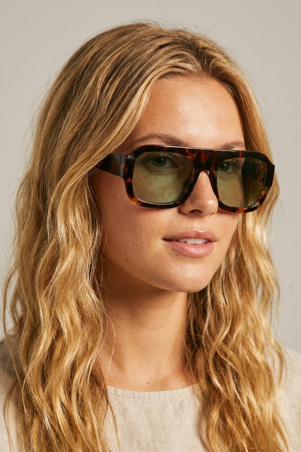 Tortoise Square Frame Sunglasses with Green Tint
