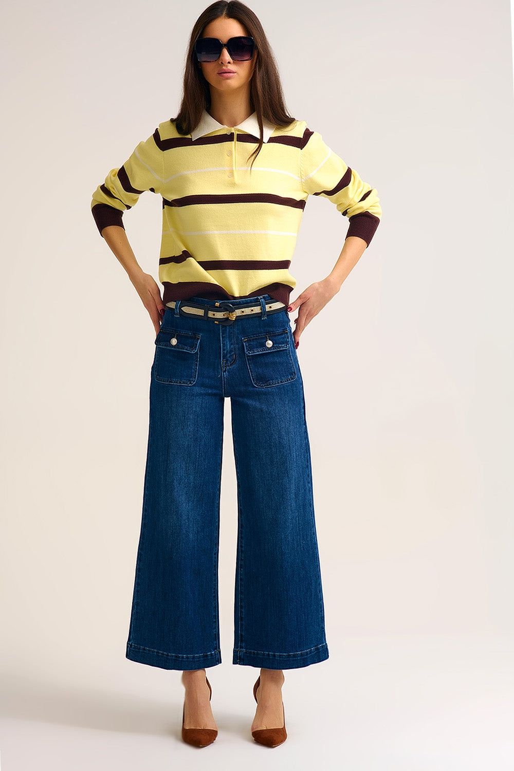 dark wash Blue Wide-Leg Denim Jeans with Button Detail - Denim