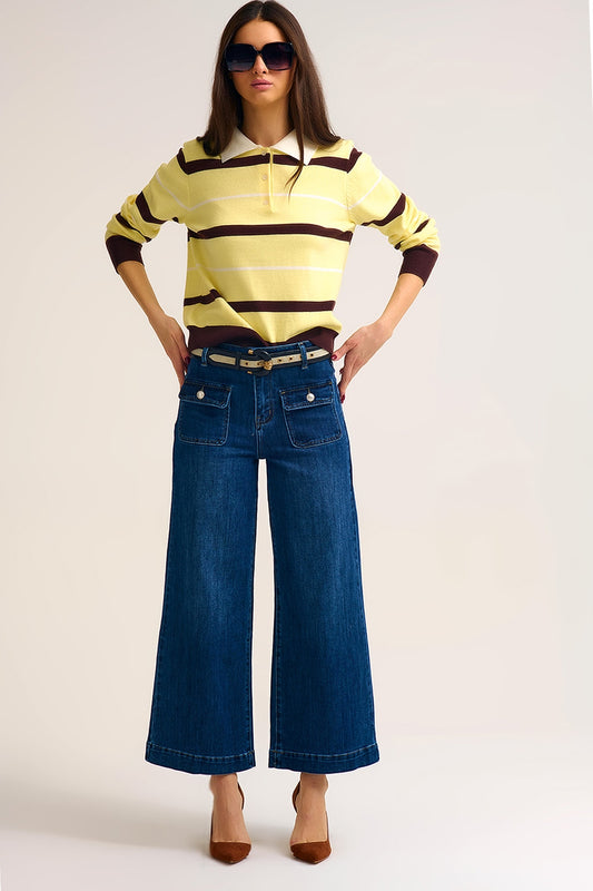 dark wash Blue Wide-Leg Denim Jeans with Button Detail - Denim