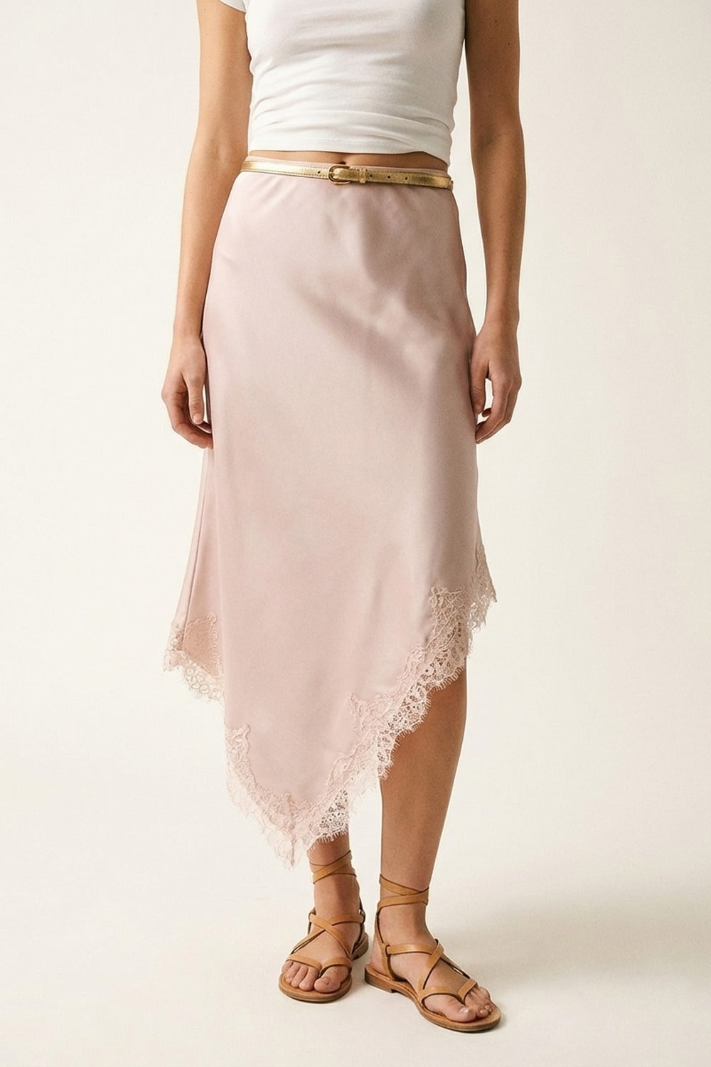 Pink Satin Handkerchief Skirt with Lace Trim