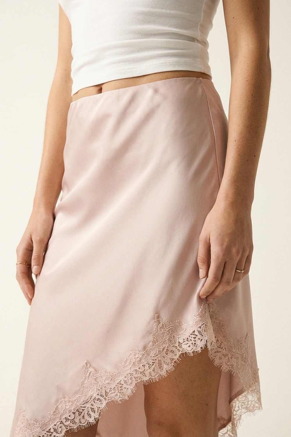 Pink Satin Handkerchief Skirt with Lace Trim