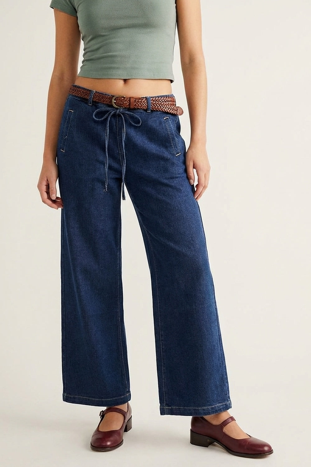 Trendy Wide-Leg Blue Denim Jeans with Tie - Denim