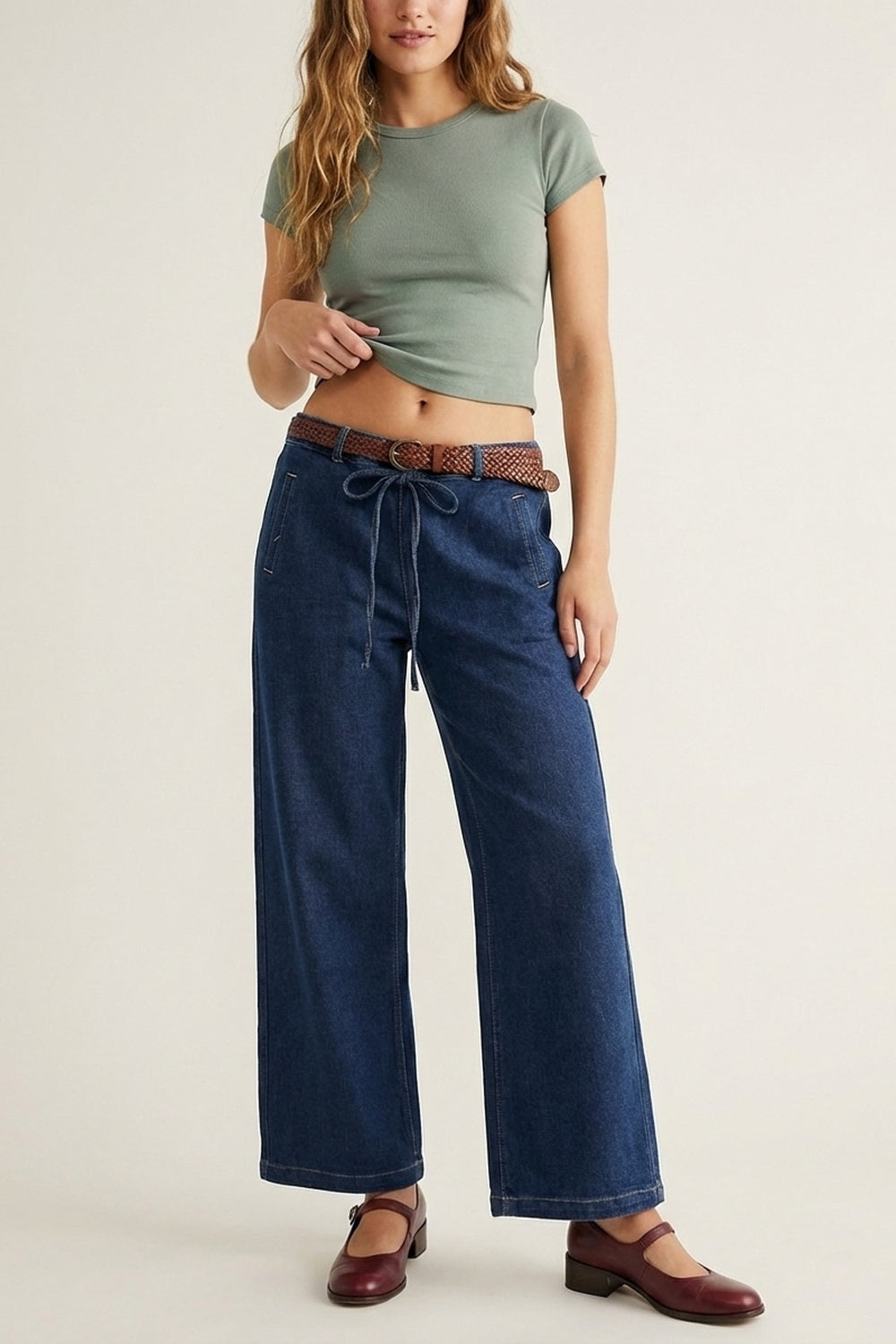Trendy Wide-Leg Blue Denim Jeans with Tie - Denim