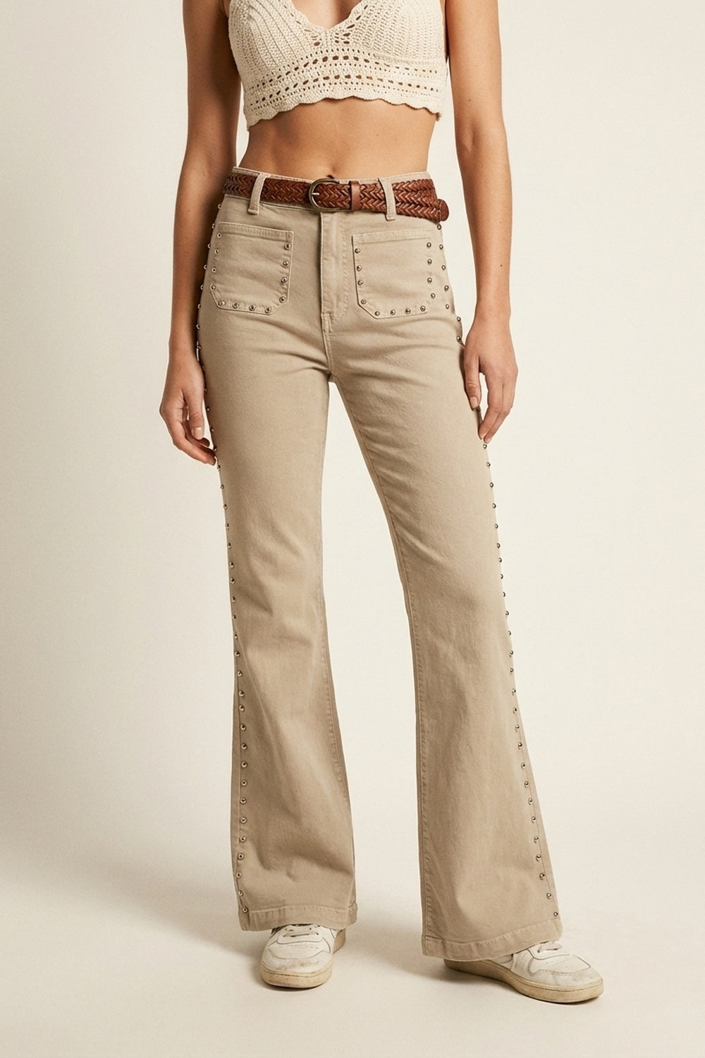 Beige Flared Pants with Studded Side Detail - trousers