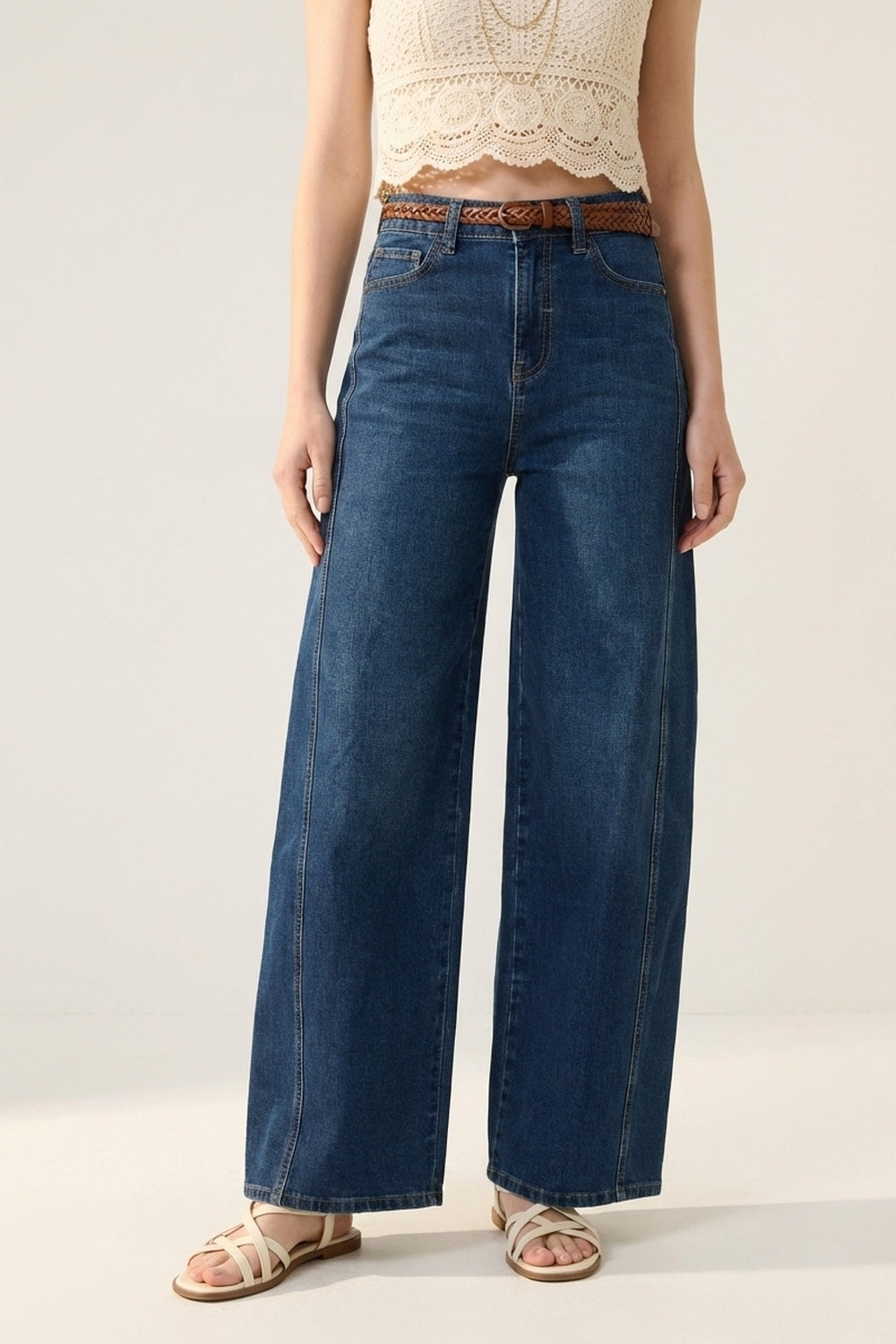 Classic Blue Denim Wide-Leg Jeans with Seam - Denim