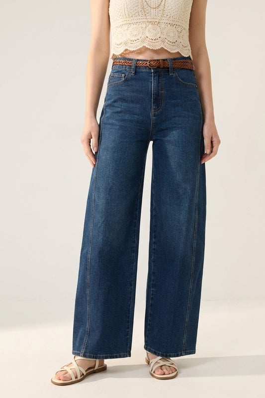 Classic Blue Denim Wide-Leg Jeans with Seam - Denim
