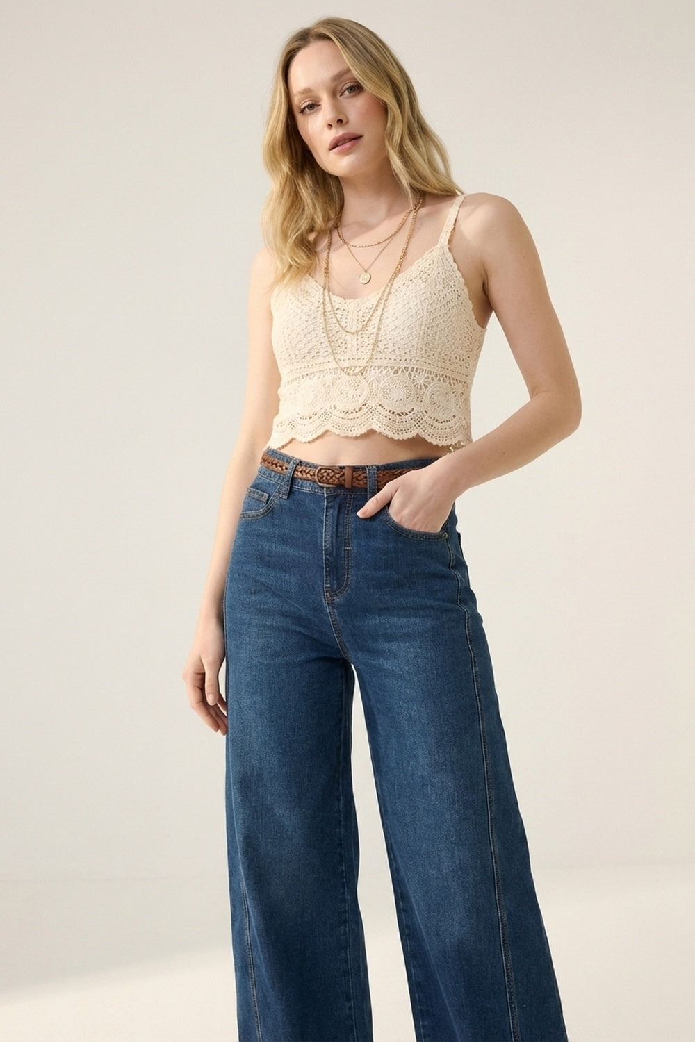 Classic Blue Denim Wide-Leg Jeans with Seam - Denim