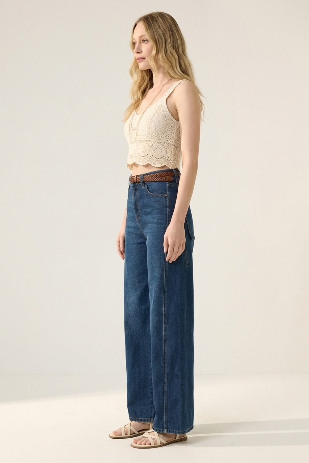 Classic Blue Denim Wide-Leg Jeans with Seam - Denim