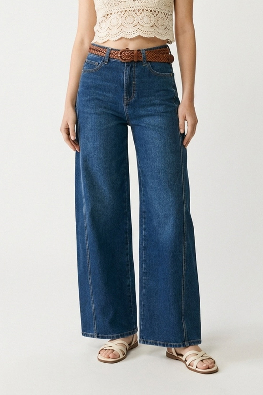 Classic Blue Denim Wide-Leg Jeans with Seam - Denim