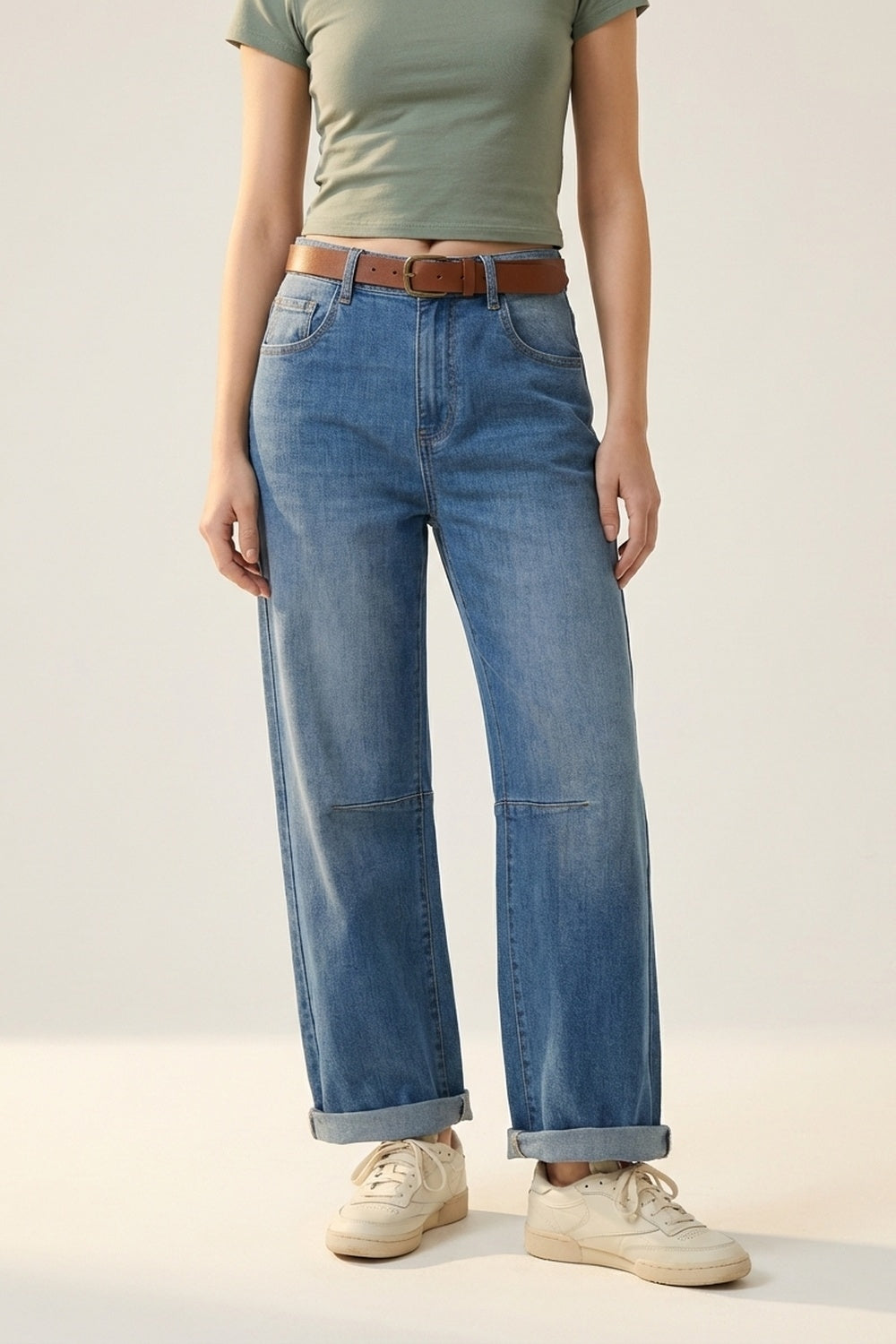 Mid-Wash Straight-Leg Denim Jeans with Rolled Cuffs - Denim