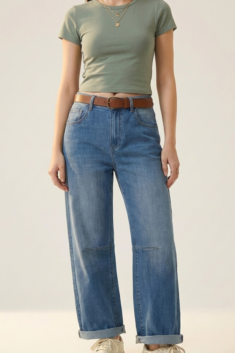 Mid-Wash Straight-Leg Denim Jeans with Rolled Cuffs - Denim