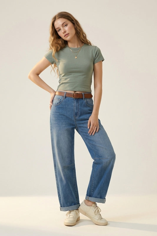 Mid-Wash Straight-Leg Denim Jeans with Rolled Cuffs - Denim