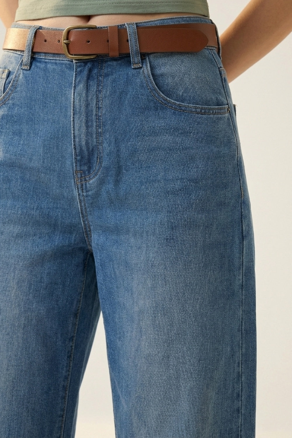 Mid-Wash Straight-Leg Denim Jeans with Rolled Cuffs - Denim