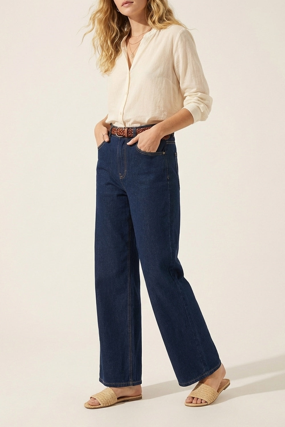 Blue Wide-Leg High-Rise Denim Jeans - Denim