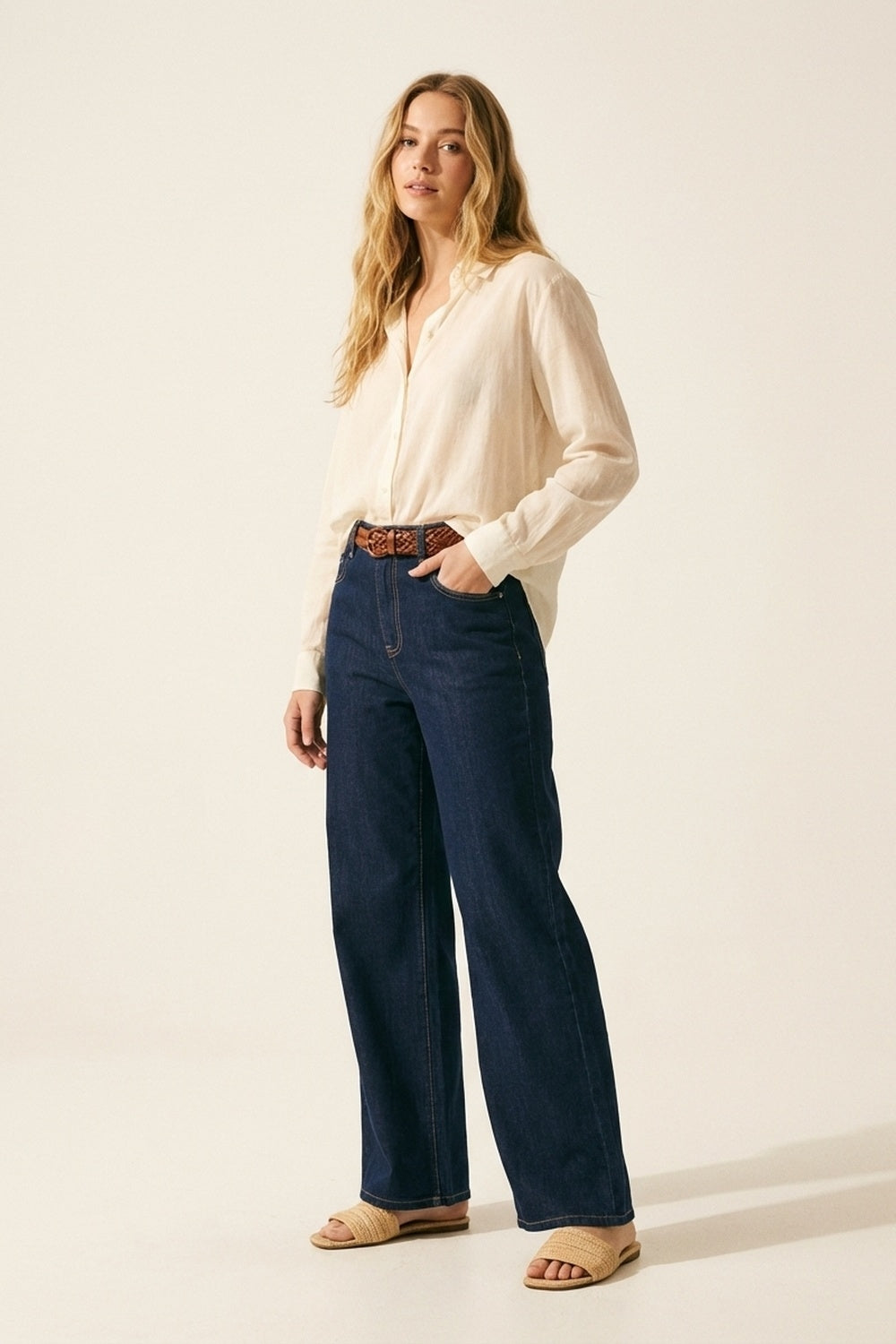 Blue Wide-Leg High-Rise Denim Jeans - Denim