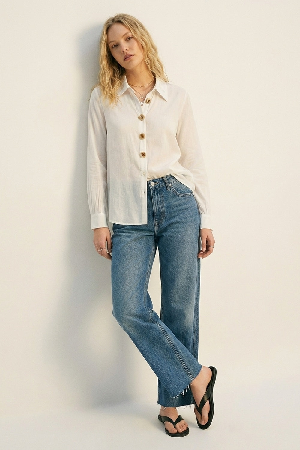 White Button-Front Shirt with Embroidered sequin Collar - Shirts