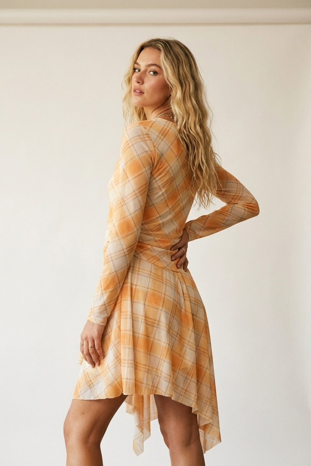 Mesh Fabric Plaid Long Sleeve Asymmetrical Dress in Orange - dress