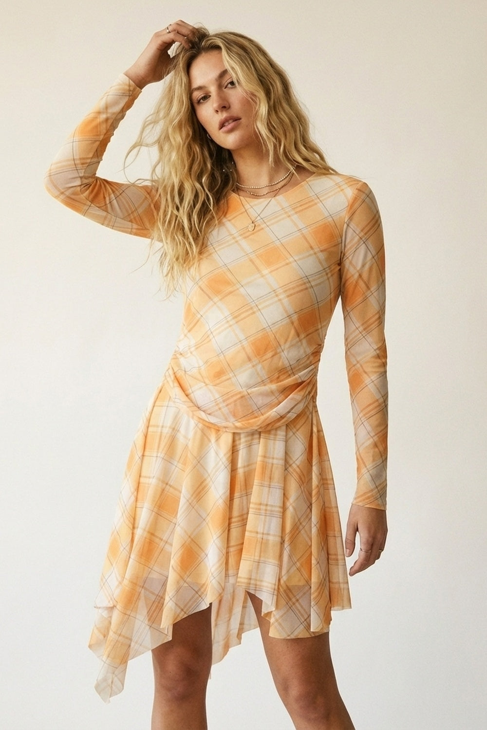 Mesh Fabric Plaid Long Sleeve Asymmetrical Dress in Orange - dress