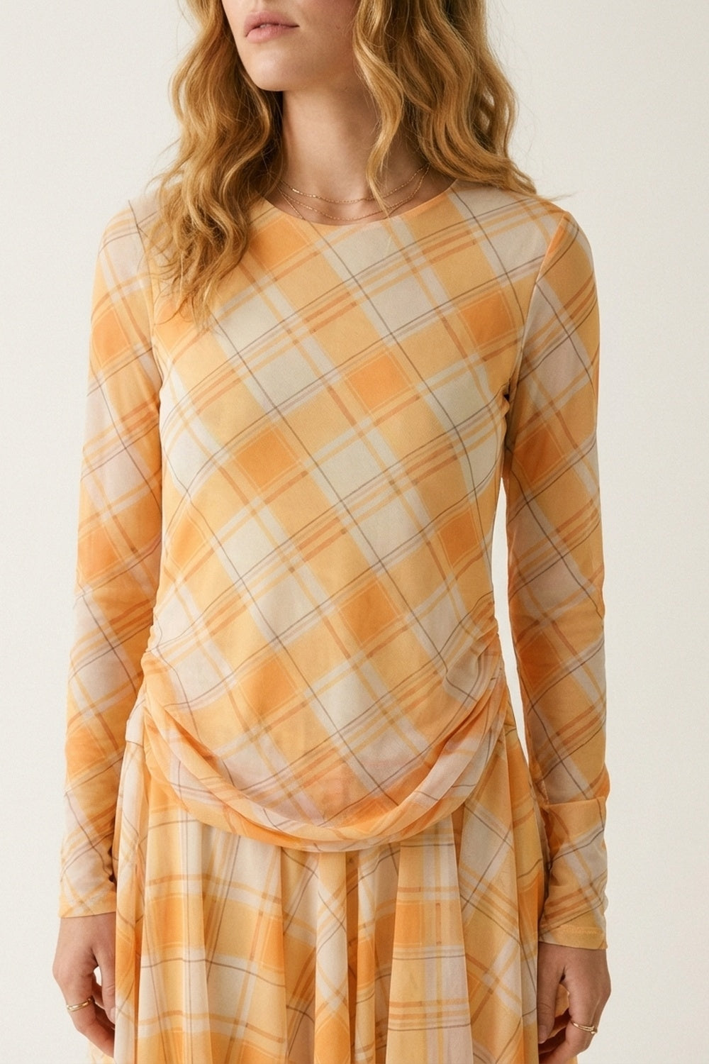 Mesh Fabric Plaid Long Sleeve Asymmetrical Dress in Orange - dress
