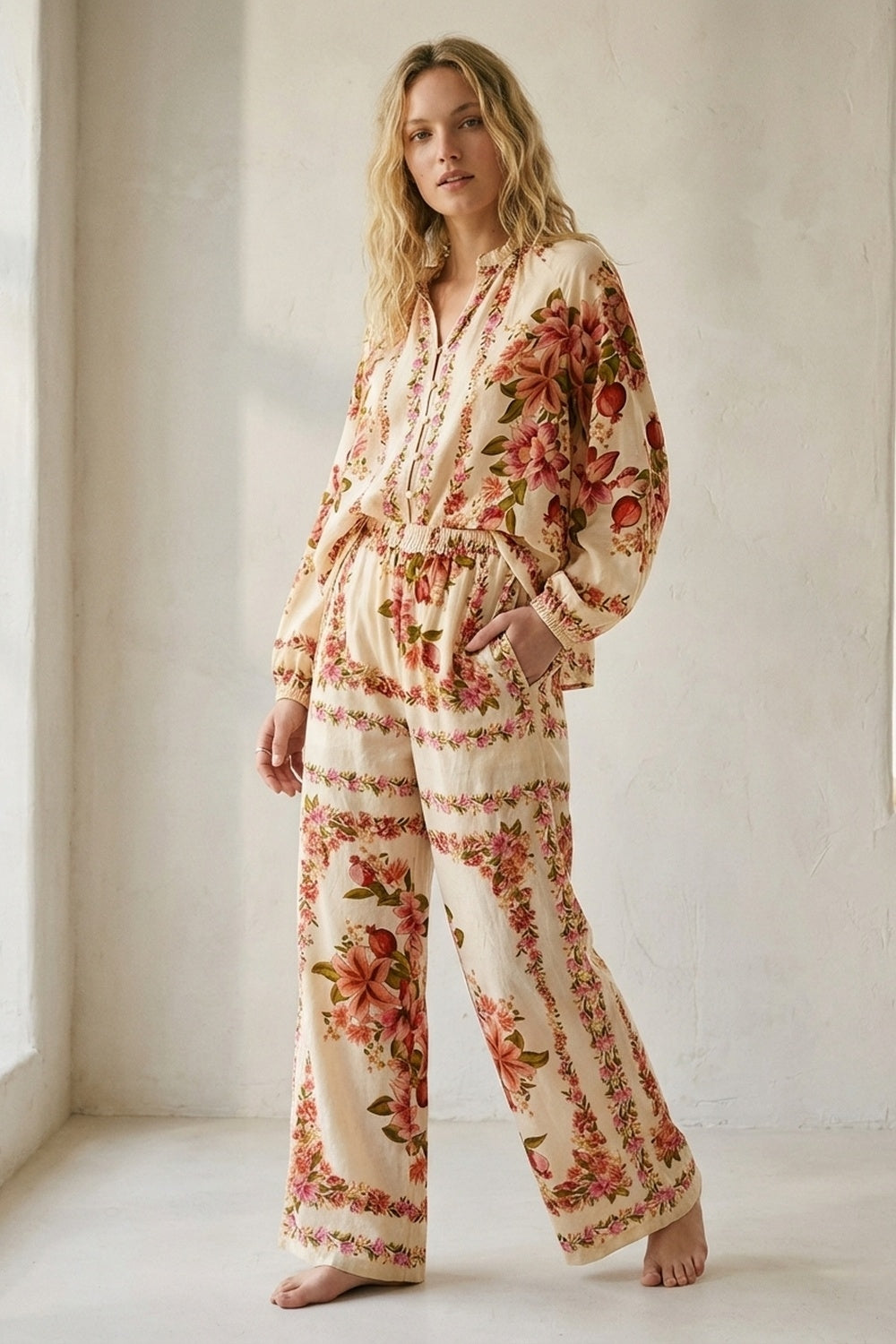 Cream Floral Print Boho Blouse with Drawstring Neck - Shirts