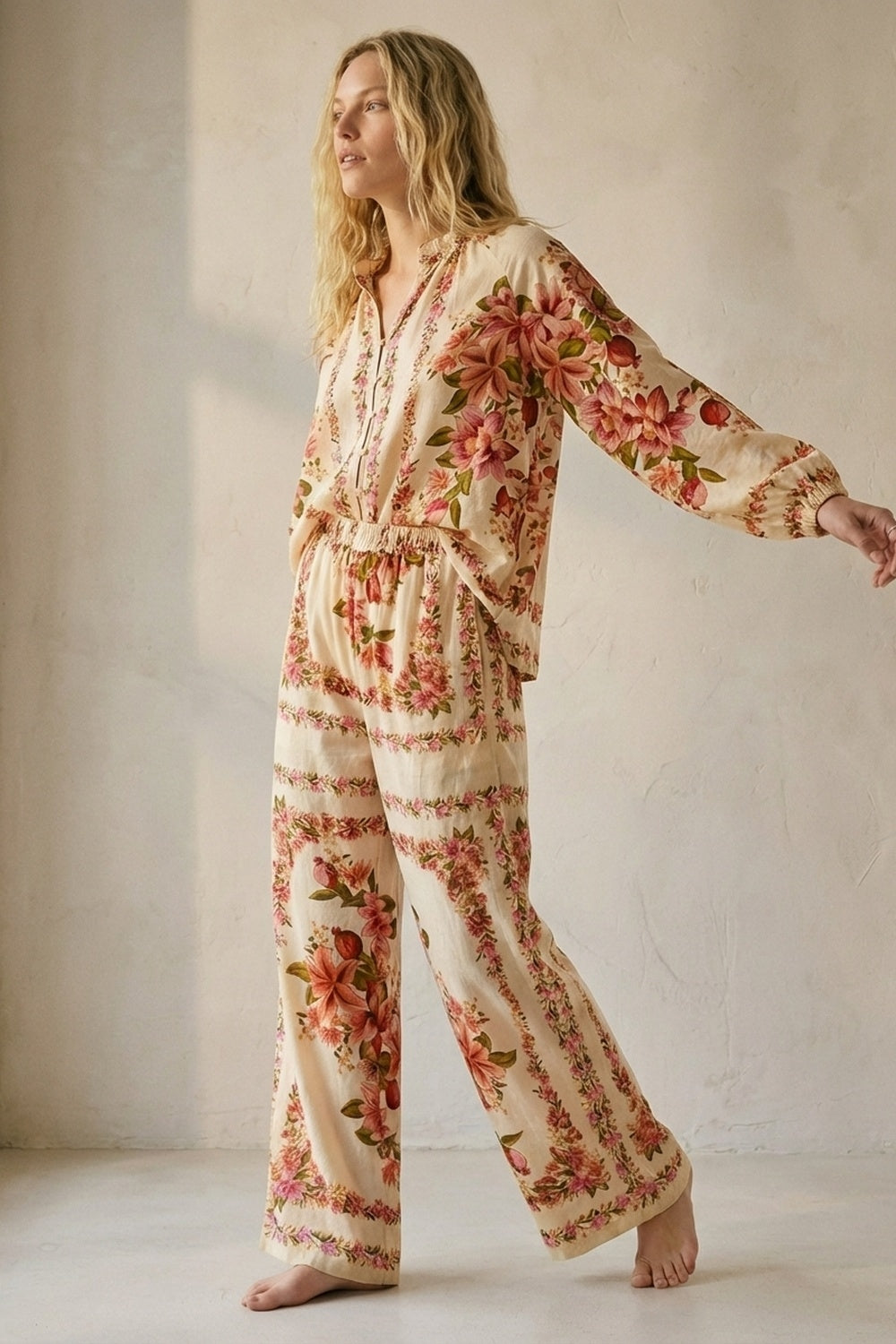 Cream Floral Print Boho Blouse with Drawstring Neck - Shirts
