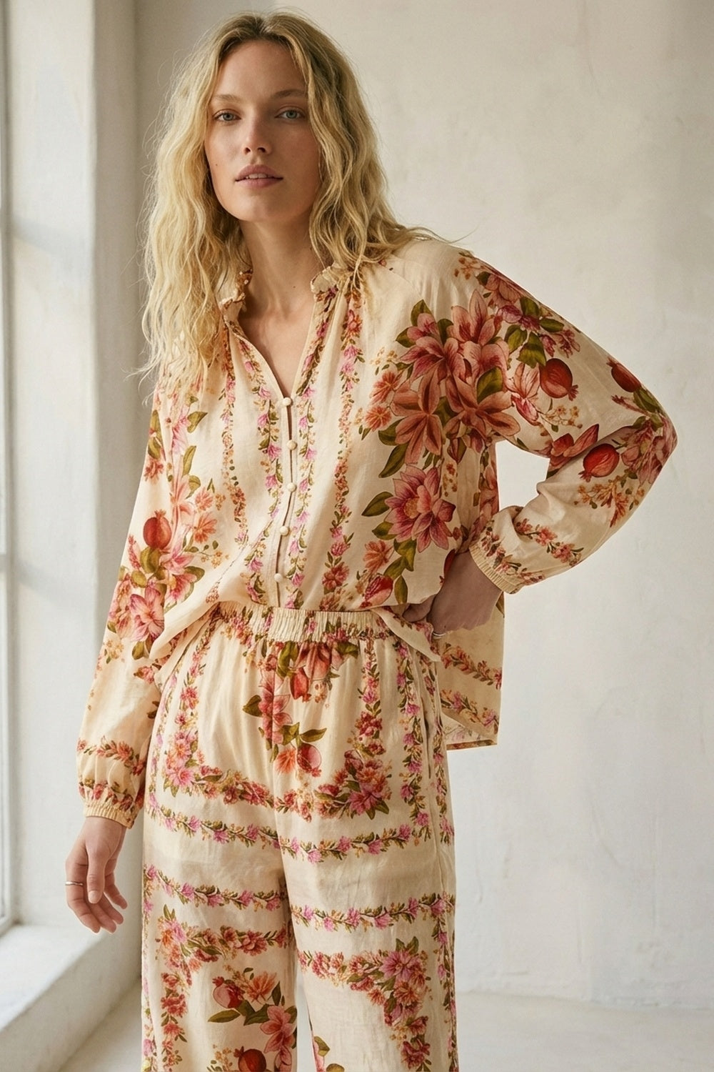 Cream Floral Print Boho Blouse with Drawstring Neck - Shirts