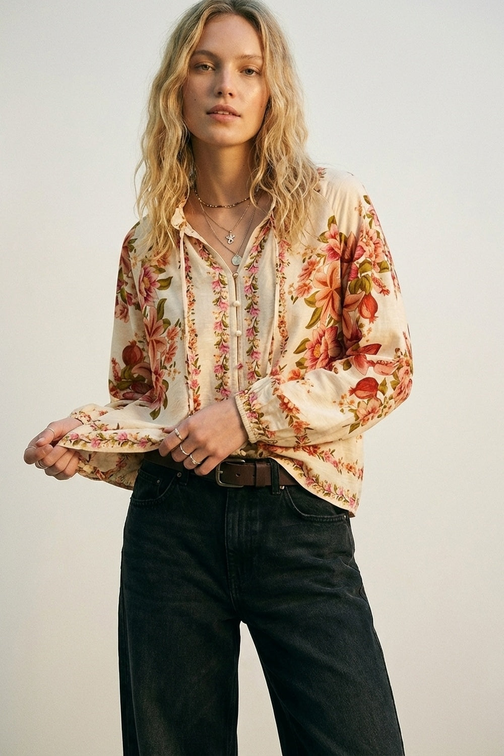 Cream Floral Print Boho Blouse with Drawstring Neck - Shirts