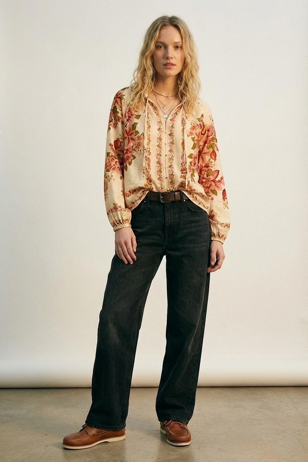 Cream Floral Print Boho Blouse with Drawstring Neck - Shirts