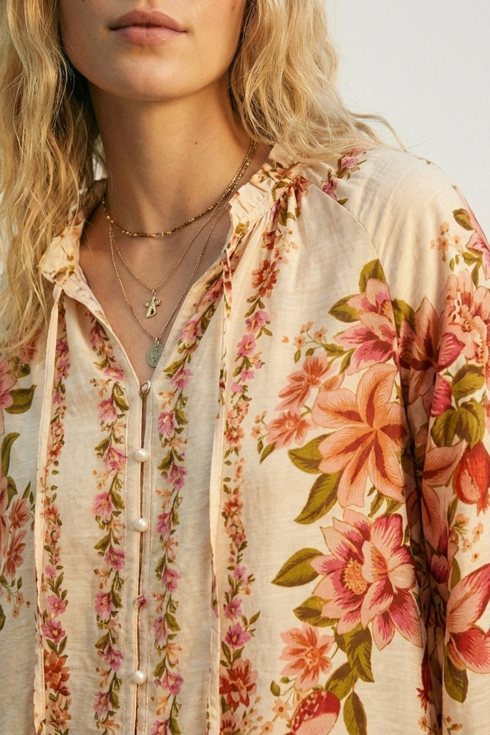 Cream Floral Print Boho Blouse with Drawstring Neck - Shirts
